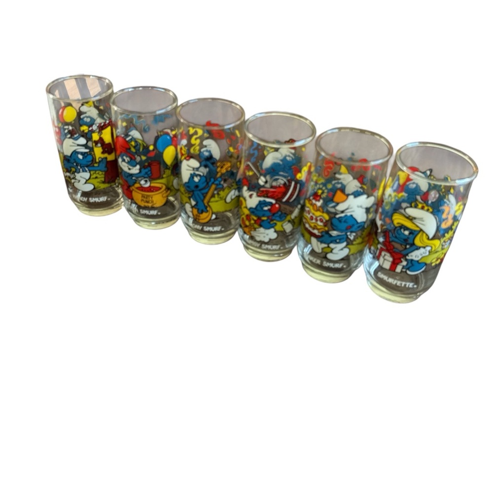 1983 Vintage Six Pc Set Of  Payo Smurf Glass Collection